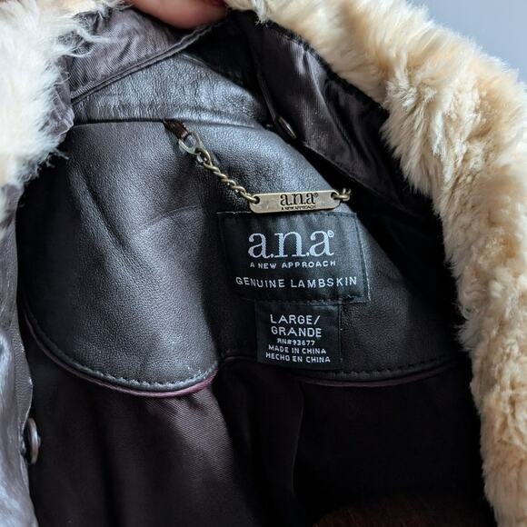 Vintage Brown Leather Jacket Faux Fur Lambskin Moto Chic Biker Bomber Coat Large - Picture 11 of 13